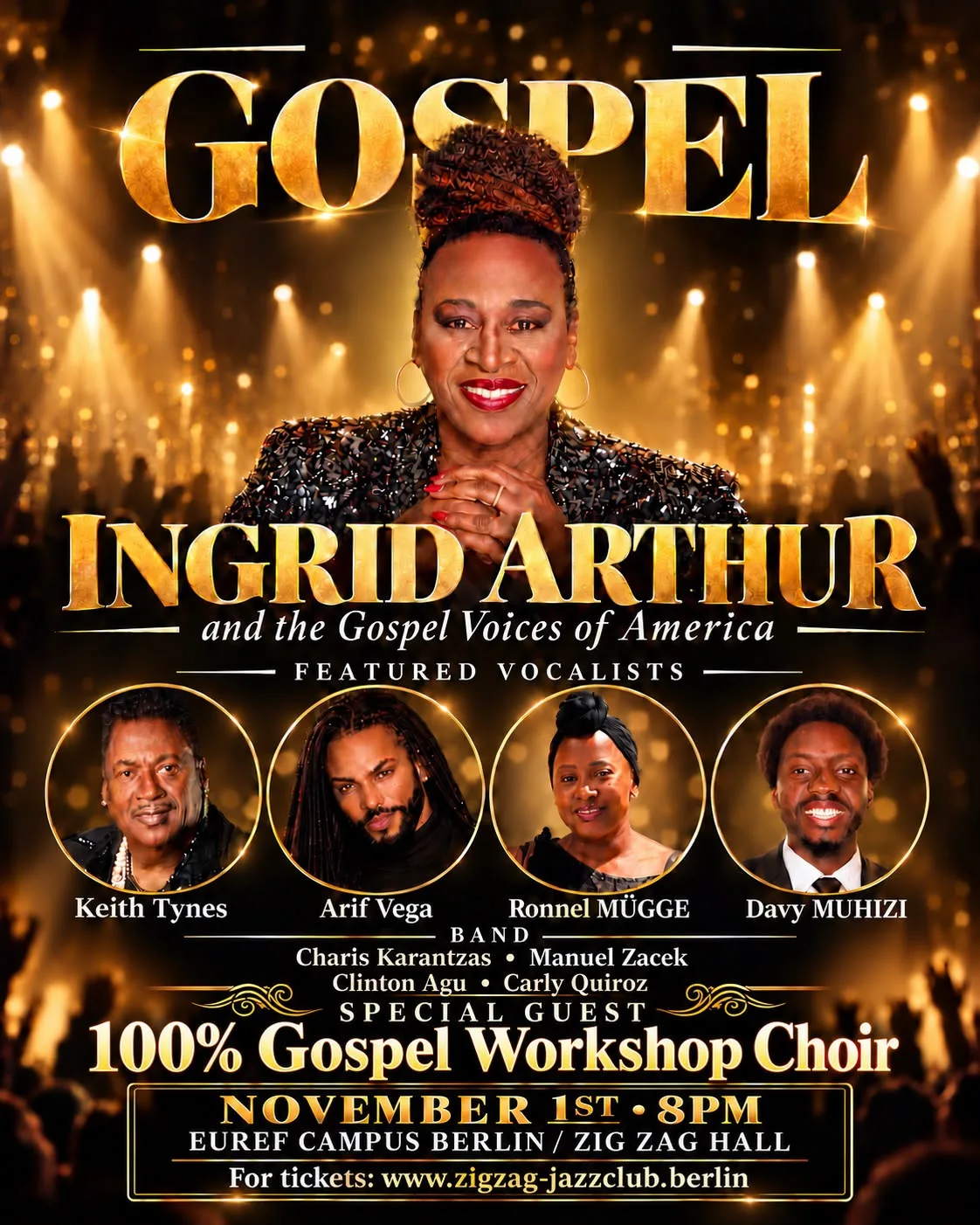 Poster: Ingrid Arthur and the Gospel Voices of America, concert on November 1 at 8 pm, EUREF Campus Berlin, Zig Zag Hall